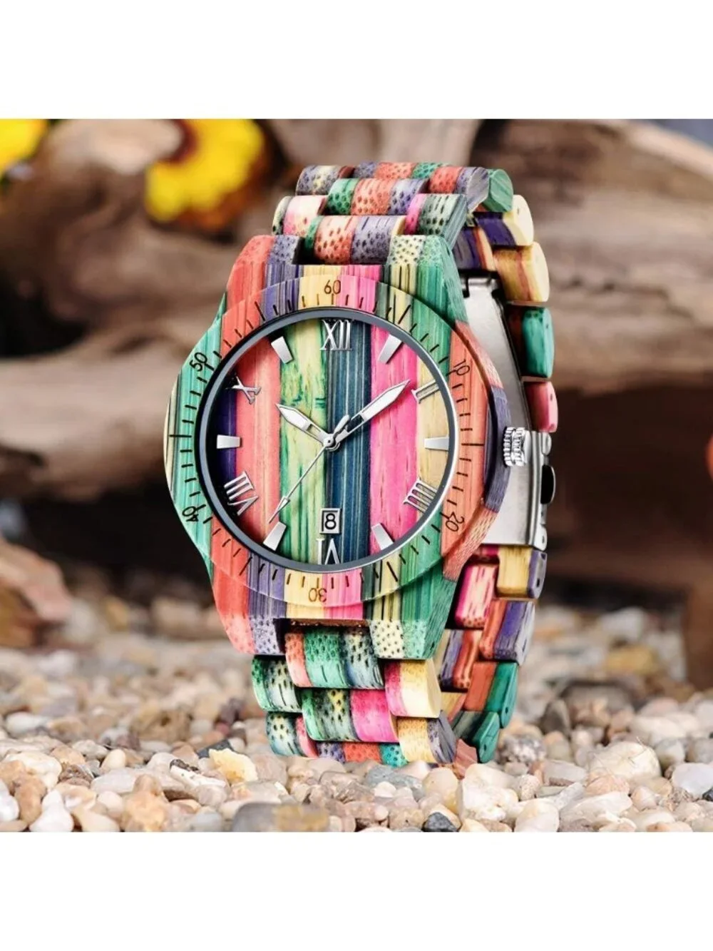 Men's Multi Color Analog Quartz Handmade Colorful Bamboo Engraved Wooden Watch